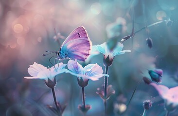A butterfly with a blue and purple wing pink light n the sky