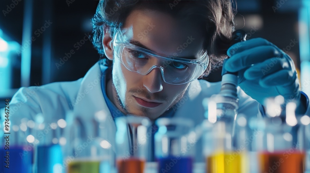 Poster a scientist working in a lab, carefully mixing chemicals to observe a reaction