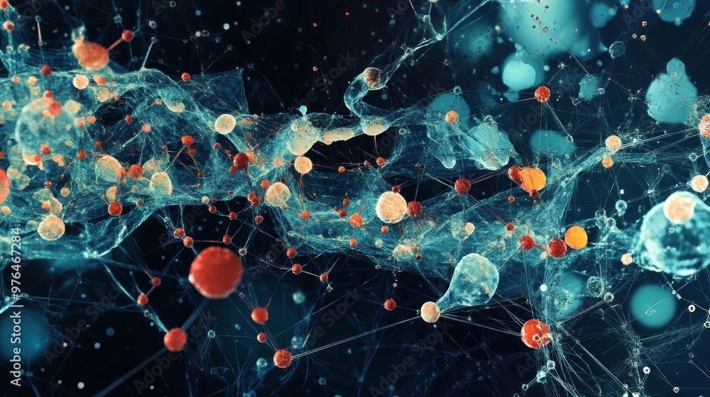 Poster an abstract depiction of a biochemical pathway map, showing the interconnectedness of metabolic proc