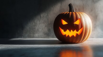 Halloween background concept. Jack O pumpkin angry face shadow. Spooky smiling shadow of an orange pumpkin lantern top view close up Halloween party design