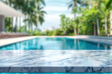 Fototapeta premium white marble top with blurred empty Swimming pool background can be used for mocking up or display product to make advertising , ai