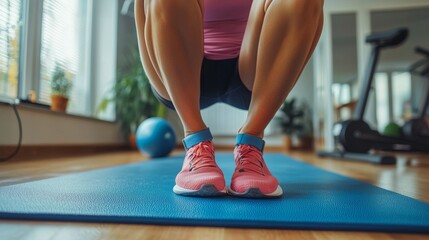 Naklejka premium Woman s Legs in Pink Sneakers on Blue Exercise Mat