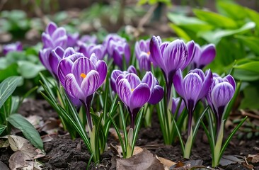 Purple flowers growing in the dirt of a leaf flower garden