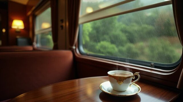 Luxury train trip, afternoon tea time in a dining car, the view from the window is of the rainy countryside.