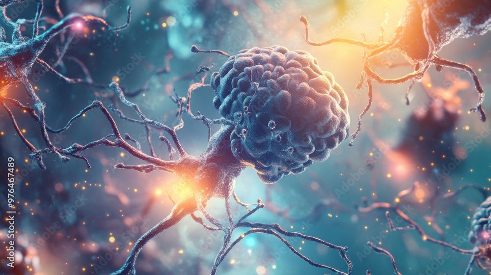 Poster an illustration of nerve cells in the brain, with a focus on synaptic communication and neural netwo