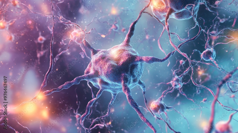 Poster an illustration of nerve cells in the brain, with a focus on synaptic communication and neural netwo