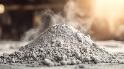 Close-up of a pile of cement powder in sunlight, depicting construction materials and industrial raw materials in a natural setting.