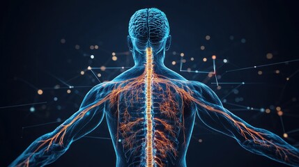 An anatomical illustration showing the human nervous system in a transparent body, with nerves and the spinal cord clearly visible