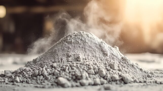 Close-up of a pile of cement powder in sunlight, depicting construction materials and industrial raw materials in a natural setting.
