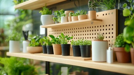 Fototapeta premium Creative and Lush Pegboard Mounted in a Garden or Greenhouse, Showcasing a Variety of Small Potted Plants and Hanging Planters. The Arrangement is Set Against a Green, Natural Backdrop, Blending Pract