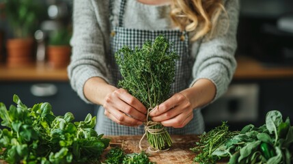 Woman s Hands Holding Fresh Thyme in Kitchen