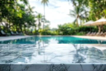 white marble top with blurred empty Swimming pool background can be used for mocking up or display product to make advertising , ai