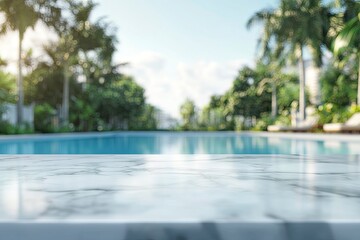Fototapeta premium white marble top with blurred empty Swimming pool background can be used for mocking up or display product to make advertising , ai