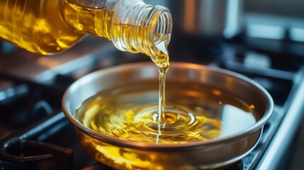 Pour the used cooking oil from the pan into the glass bottle. Old or used cooking oil can be recycled into biodiesel.