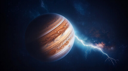 A mesmerizing close-up of Jupiter's surface, showcasing its deep brown hues swirling with gaseous patterns. Ethereal lightning flashes across the atmosphere, illuminating the planet's thick, colorful 