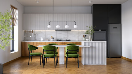 Modern scandinavian  kitchen room interior, with wooden cabinets  and contemporary dinning island with plants and wood floor.3d render