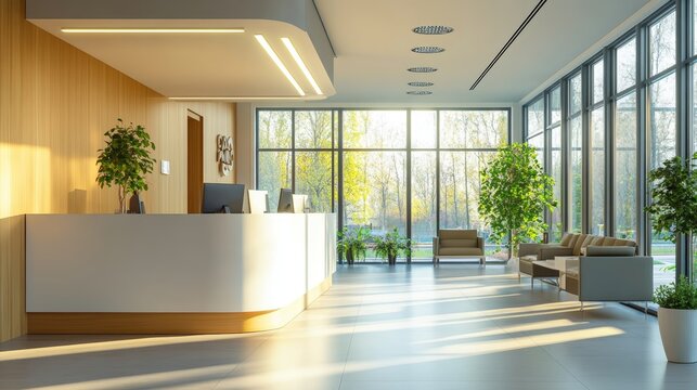 Empty Hospital Reception Hall During the Day. Modern Clinic with Advanced Equipment Best Medical Health Treatment Center With Bright Sunny Window View