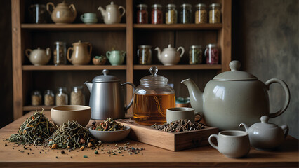 Herbal Tea Blending Station with Dried Herbs and Teapots in a Cozy Setting