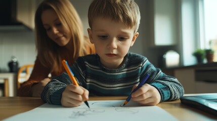 Little boy and his mother drawing with felt-tip pens on table in kitchen closeup