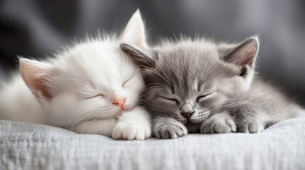 Two cute kittens white and gray are sleeping cuddled next to each other