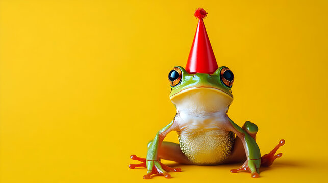 A cheerful frog wearing a festive party hat, set against a bright yellow background, perfect for party themes and celebrations.