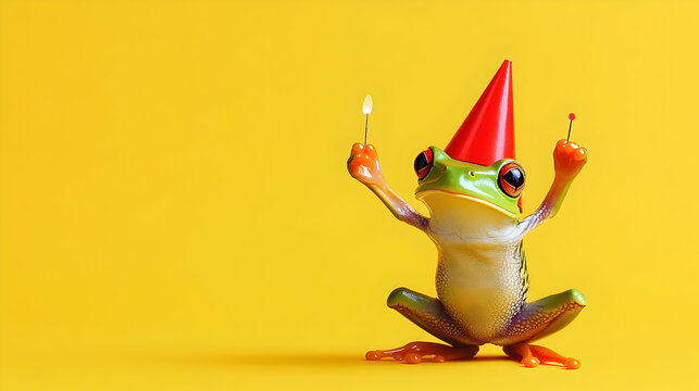 A cheerful frog wearing a party hat celebrates joyfully, holding candles against a vibrant yellow background.