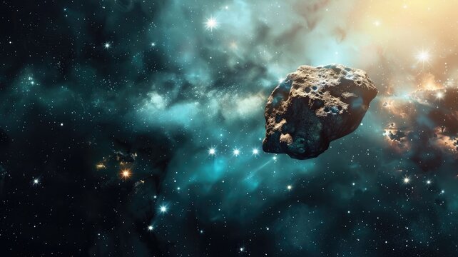Large asteroid floating through starry space nebula with blue and orange hue