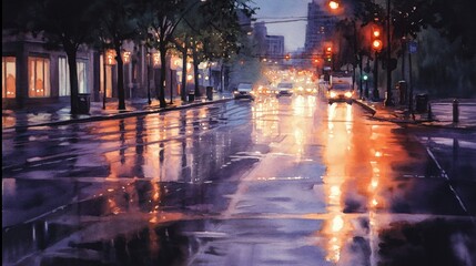 Obraz premium Watercolor painting of a city street at night, rain reflecting street lights.