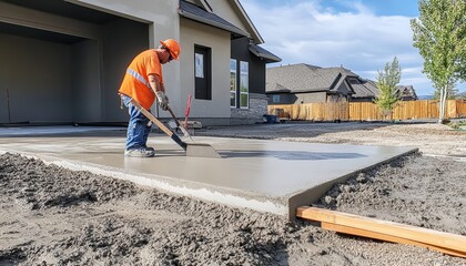 Construction worker smoothing fresh concrete in front of residential home on a sunny day.