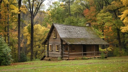 Fototapeta premium Rustic wooden cabin surrounded by autumn trees in forest clearing