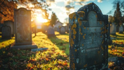 Sunset beams behind weathered tombstones in serene cemetery