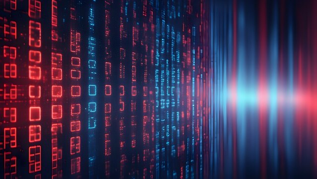 Abstract digital background with red and blue glowing binary code.