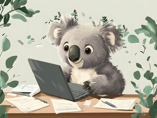 A cute koala interacting with a laptop, surrounded by greenery and papers, symbolizing creativity and productivity in a playful manner.