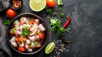 Fresh seafood ceviche in bowl with lime and tomatoes