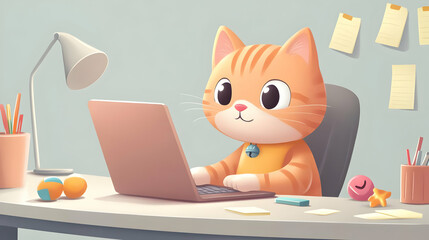 Fototapeta premium A cute orange cat working on a laptop in a cheerful workspace filled with colorful stationery and playful decor.
