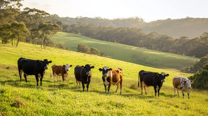 Herd of sustainable cows on a green hill on a farm in Australia. Beautiful cow in a field. Australian Farming landscape with Angus and Murray grey cattle
