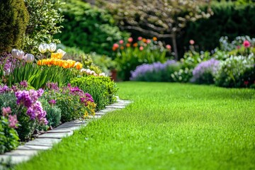 Fototapeta premium Beautiful spring garden. The green lawn emphasizes the blooming flowers in the garden. A diverse spectrum of colorful flowers, panoramic views of natural beauty , ai