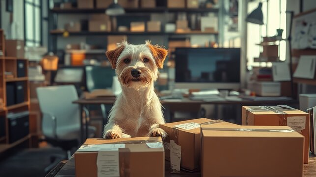 Cute dog in a modern office surrounded by parcels. Adorable pet assisting in shipping and packing activities, adding joy to the workspace. - Powered by Adobe
