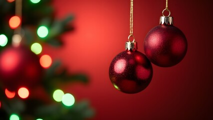 Fototapeta premium Red Christmas baubles on a tree with glowing bokeh lights in the background