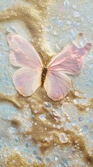 Delicate pink butterfly resting on shimmering golden sand, creating a tranquil and serene scene perfect for nature and tranquility themes.