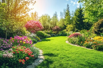 Beautiful spring garden. The green lawn emphasizes the blooming flowers in the garden. A diverse spectrum of colorful flowers, panoramic views of natural beauty , ai