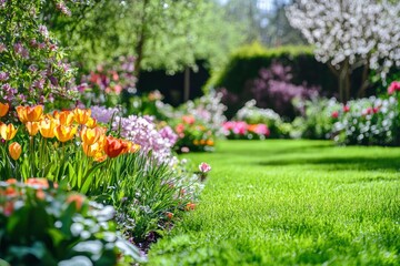 Naklejka premium Beautiful spring garden. The green lawn emphasizes the blooming flowers in the garden. A diverse spectrum of colorful flowers, panoramic views of natural beauty , ai