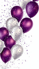 A festive display of purple and silver balloons with confetti for celebrations and joyful occasions.