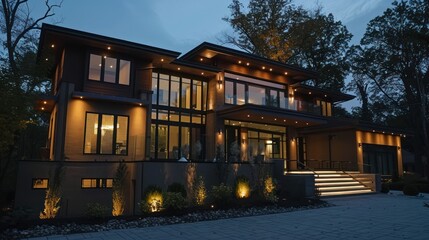 Obraz premium Modern House Illuminated At Night