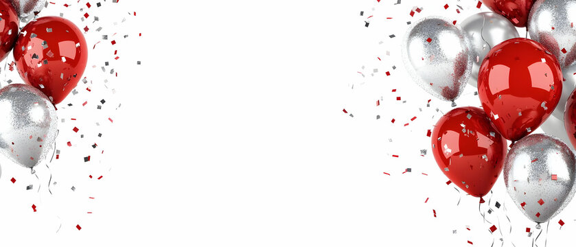 A festive arrangement of red and silver balloons with confetti, perfect for celebrations and party decorations.