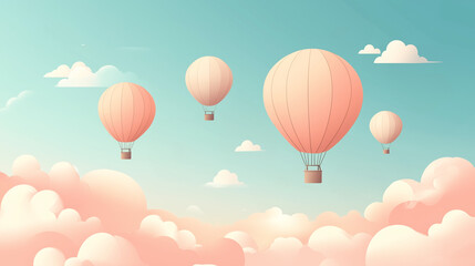 Fototapeta premium Minimalist Illustration of Hot Air Balloons Floating Among Pink Clouds