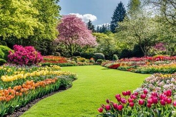 Obraz premium Beautiful spring garden. The green lawn emphasizes the blooming flowers in the garden. A diverse spectrum of colorful flowers, panoramic views of natural beauty , ai