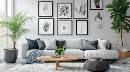 Fototapeta premium Female Hands Framing Custom Living Room Drawing Photograph Combination.