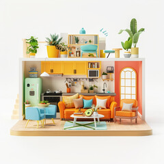 miniature house interior living room kitchen tiny furniture plants decor modern colorful toys realistic home model orange furniture teal chairs small space scale model 