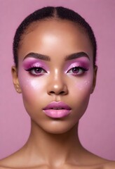 Young adult African American female with glittery pink makeup around her eyes, pink lipstick, and groomed eyebrows, against a plain light purple background.